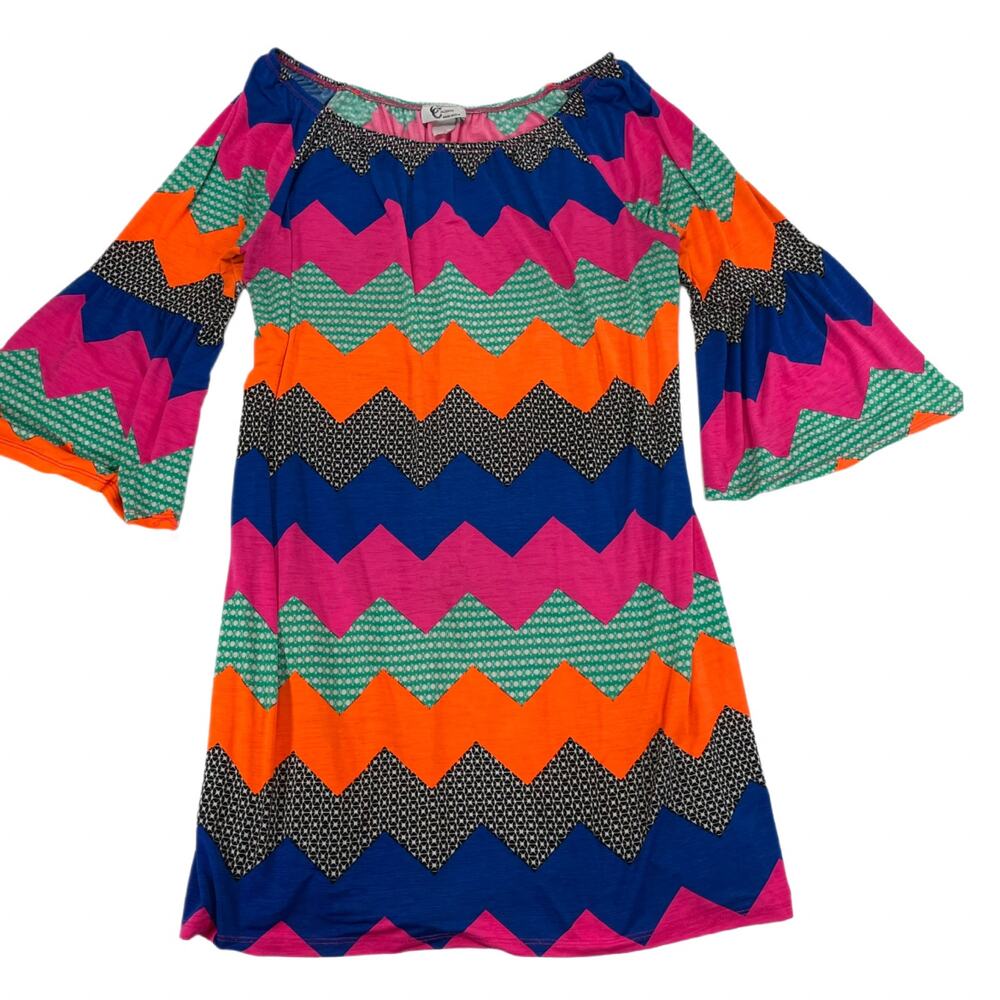 Vintage Christian Caliendo Chevron Bell Sleeve Tunic Dress Multicolor 3XL Women